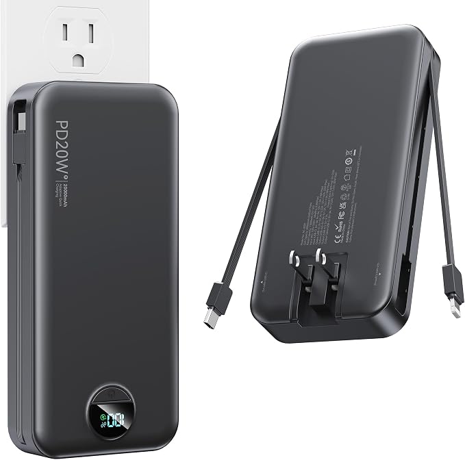 Nusyddy Portable Charger 20000mAh PD20W w/Built-in Cables & Wall Plug Black | PD20W Fast Charging, High Capacity, LED Display, Charge 5 Devices at once, TSA Approved, Compatible with iPhone/iPad/Samsung