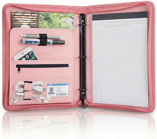 OOWOLF Padfolio Portfolio Folder, PU Leather Professional with 1 inch 3 Ring Binder 8.5 x 11 Letter Size Writing Pad Interview Resume Document Organizer Business Card Holder Zippered Closure Pink