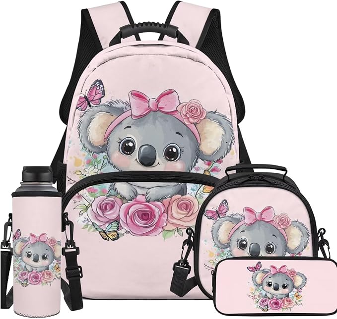 Ystardream Sweet Koala School Bag for Girls Cute Cartoon Backpack with Lunch Box Pencil Case Water Bottle Sleeve 4 in 1 Set for Elementary School Students Back Packs with Side Pockets,17 Inch