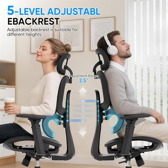 MoNiBloom Ergonomic Office Chair, High Back Mesh Desk Chair for Home, Black | with 3d armrest, high back desk chair, adjustable headrest, lumbar support, recline range from 90 to 145 degrees, L-Shape