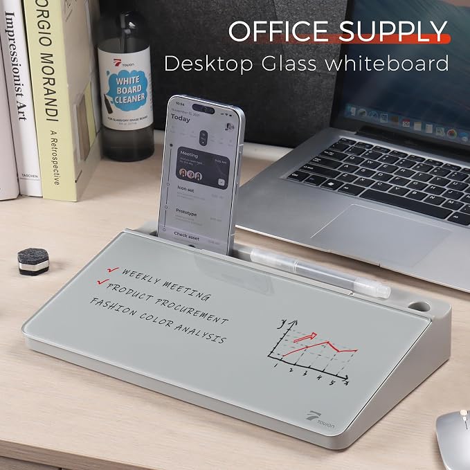 TOWON Small Compact Glass Desktop Whiteboard with Storage – 12 x 7 in Dry Erase Board for Desk, Home Office, School | Includes 5 Markers, Eraser & Holder | Space-Saving Organizer, Stone Gray