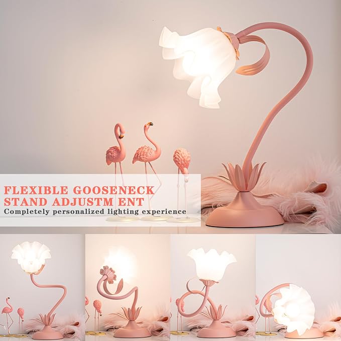 WERFOP Flower Table Lamp, LED Reading Light Vintage Bedside Table Lamp with 3 Color Modes for Nightstand, Kawaii Decoration for Home Bedroom Living Room (Pink)