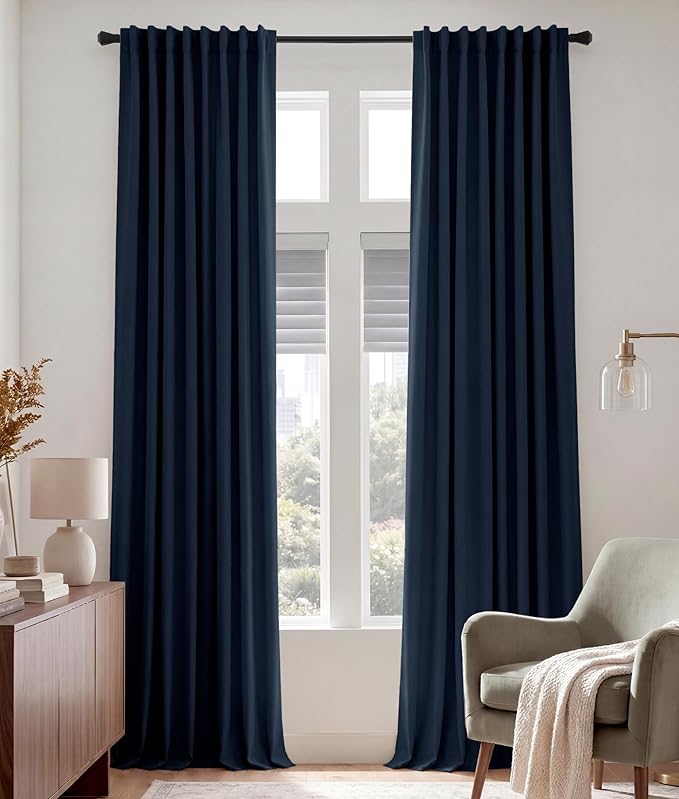 PONY DANCE Extra Long Blackout Curtains 108 inches Long for Bedroom, 9 FT Rod Pocket Back Tab Room Darkening Noise Reducing Drapes for Living Room Windows, W 52 x L 108 inch, Navy Blue, 2 Panels