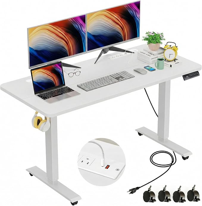farexon 48 x 24 inch Standing Desk Electric Adjustable Height with Power Outlets, Stand up Desk with Wheels, Preset Heights Home Office Gaming Computer Workstations Table(White)
