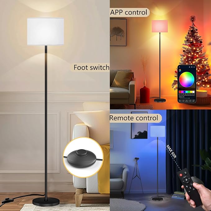 Qaubauyt Smart LED Floor Lamp with APP Control & RGB Colors - Dimmable Standing Lamp for Living Room, Bedroom, Gaming - Remote, Timer, 9W Bulb Included, 60.6" Modern Tall Lamp (White)