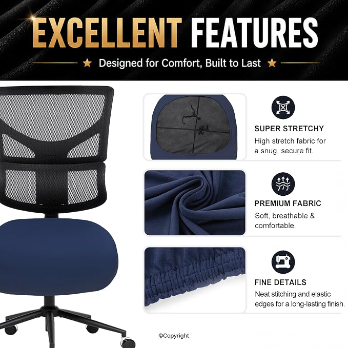 DIVA EN CAMINO DEC Stretchable Desk Office Chair Seat Cushion Covers - Universal Spandex Computer Chair Slipcover - Removable Washable Cushion Protectors for Dogs, Cats, Pets (Navy)