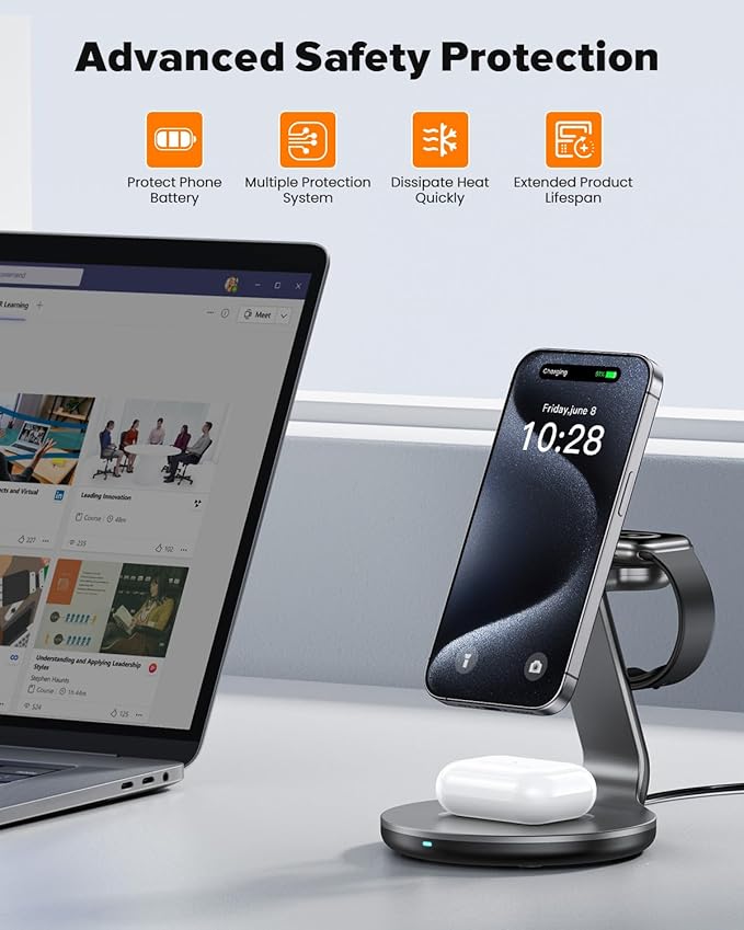 3 in 1 Charging Station Compatible with Magsafe Charger Wireless Charger Stand for iPhone 17 16e 16 15 14 13 12 Wireless Charging Station for AirPods Wireless Charging Stand for iWatch Series