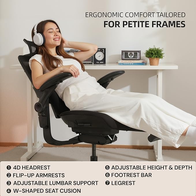 CabLady S2 Petite Office Chair for Women & Small Frames | 330lb Capacity, 4D Adjustable Lumbar/ Headrest, Flip-Up Arms & Footrest, Ergonomic Desk Chair