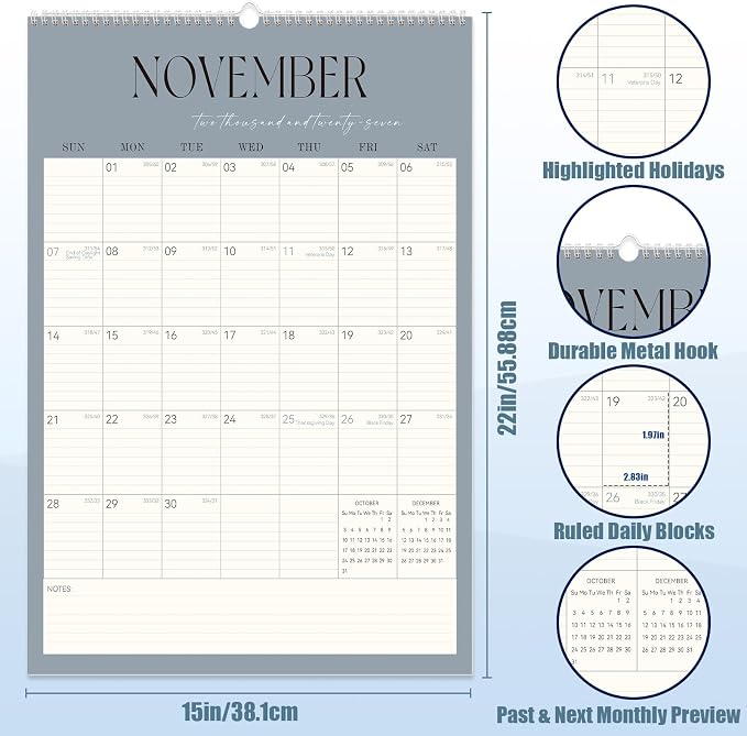 GuassLee Large Wall Calendar 2026-2027,22"x 15" Vertical Jumbo Desktop/Wall Calendar from Jun. 2026 to Dec. 2027,19-Month Hanging Planner with Julian Date for Office Home Organizing