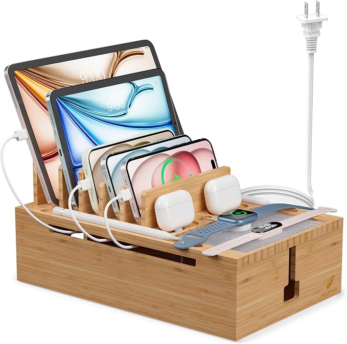 Pezin&Hulin Charging Station for Multiple Devices with 10 Port HUB, 6 Cable | USB Charger Dock Organizer , Cable Management Organizer for Cell Phones, Tablets - Bamboo, Natural Color