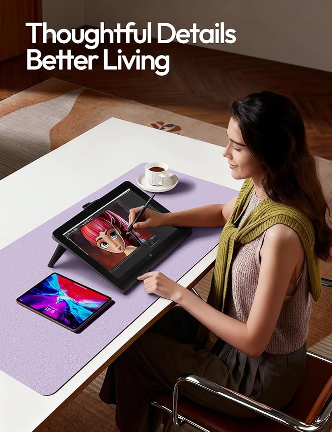 YSAGi PU Leather Desk Pad Protector – Non-Slip Waterproof Desk Mat for Office & Home, Easy Clean Large Mouse Pad & Laptop Writing Blotter 23.6"x13.8" Light Purple