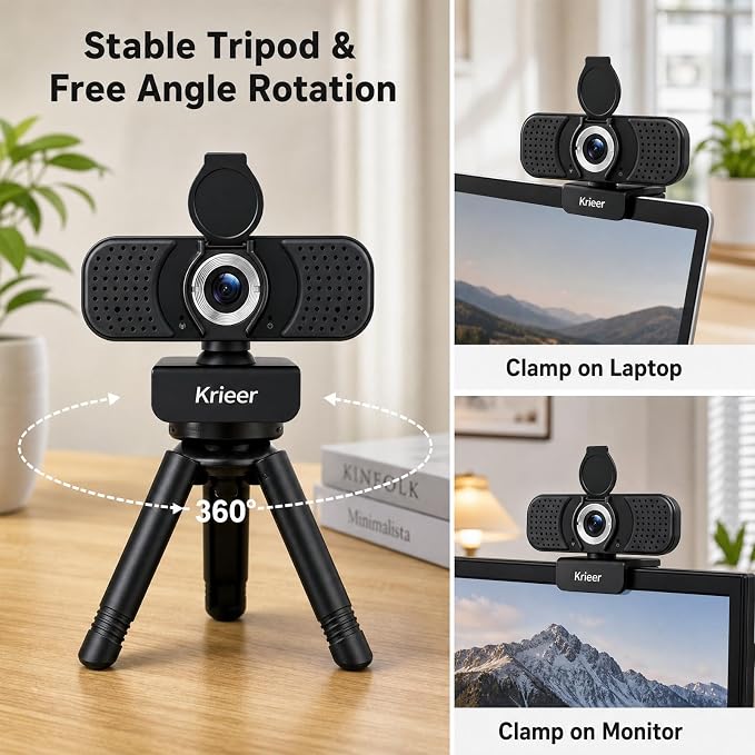 1080P HD Webcam with Dual Mics &Rotatable Tripod,Privacy Cover for Pc/Laptop, Usb Computer Camera Plug & Play with Auto Light Correction for Video Calls, Live Streaming Gaming & Online Meetings
