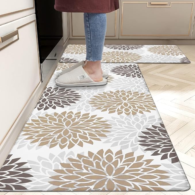 HEBE Anti Fatigue Kitchen Rugs Set of 2, Cushioned Kitchen Mats for Floor | Non Slip Washable Kitchen Runner Rug Set, Floral Stain Resistant Waterproof Comfort Mat Carpet for Sink, Standing Desk