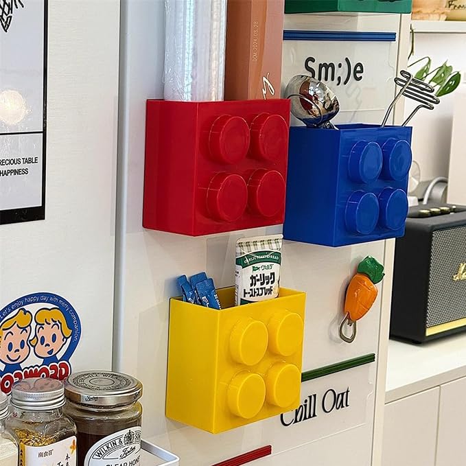 Magnetic Basket Organizer for Fridge - Lego-Style ABS Plastic Storage Box,No Drill Design for Kitchen Counter, Microwave & Whiteboard, Holds Up to 3.5 lbs (Yellow)