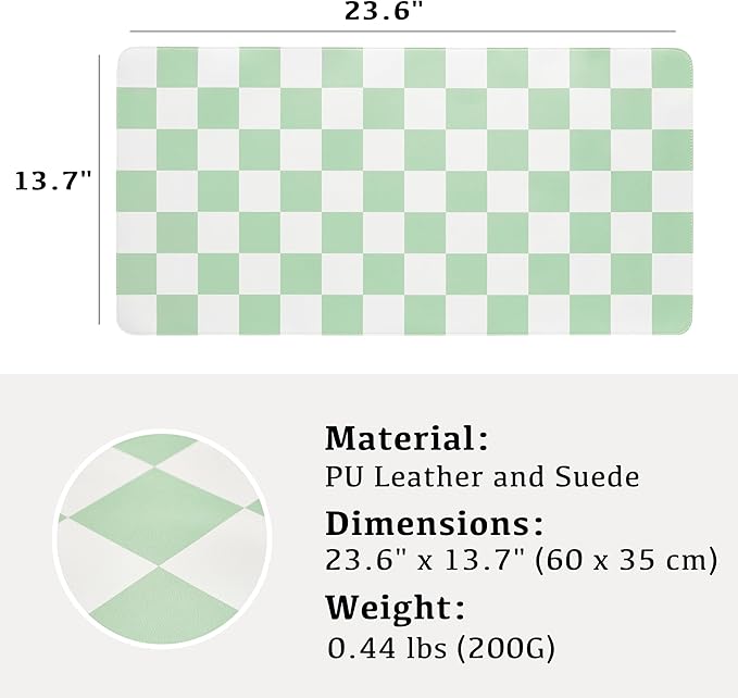 Checkered Desk Mat, Large Cute Aesthetic Retro PU Leather Computer Laptop Desk Mat, Non-Slip Waterproof Mouse Keyboard Pad, Desk Writing Mat for Work/Home (Green, 23.6" x 13.7")
