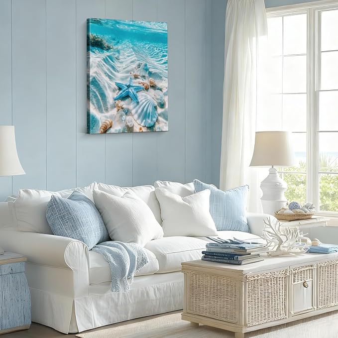 Coastal Beach Seashell Wall Art Decor Blue Ocean Starfish Painting Picture Artwork Seascape Aesthetic Wall Decor for Home Beach Room Bedroom 8x10 Canvas Framed