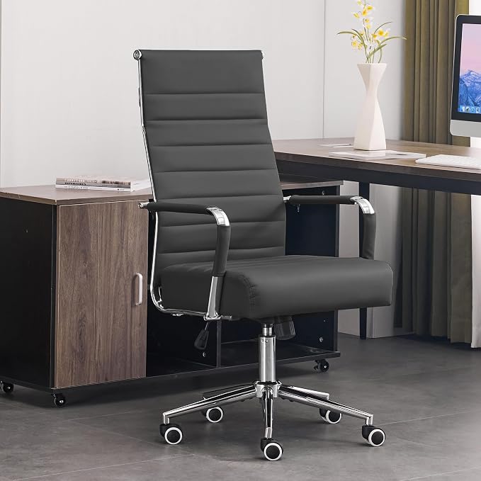 JOMEED Office Desk Chair,Conference Room Chair,High Back PU Leather Swivel | Modern Executive Ribbed Design, Ergonomic, Height Adjustable, Wheels and Arms, for Home Office(Grey-Silver Frame)