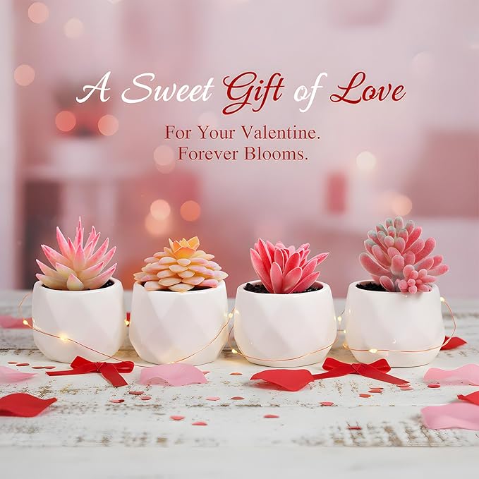 Tiita Artificial Faux Succulents in Pots, Pink Fake Plants Ceramic Arrangement Planter for Women Desk Small Mini Tiny Decoration for Home Office Desk Window 4 Set, Pink