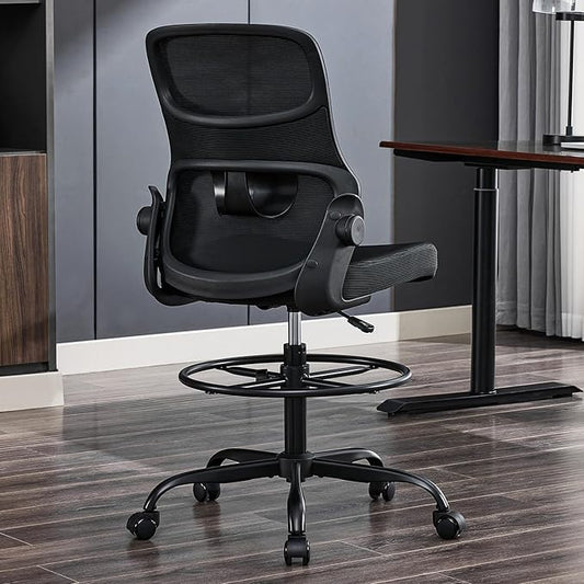 Armless Drafting Chair, Tall Office Chair for Standing Desks | A foot ring steadies legs through crafting and studio projects; breathable lumbar mesh and silent casters fit compact spaces.