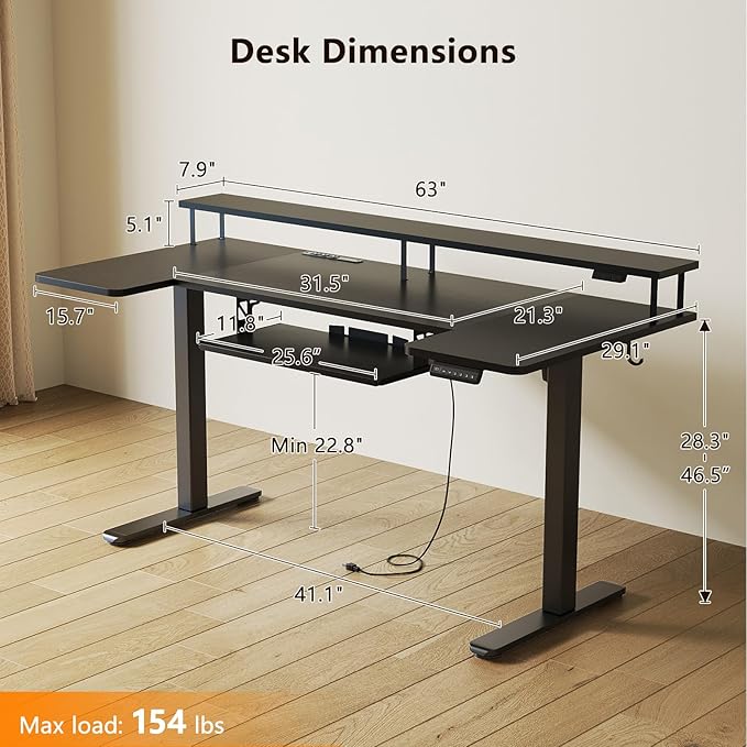OffiGo U Shaped Electric Standing Desk with Keyboard Tray, 63 Inch Height Adjustable Desk with Power Outlets & LED Lights, Sit Stand Table with Monitor Stand for Home, Office, Black