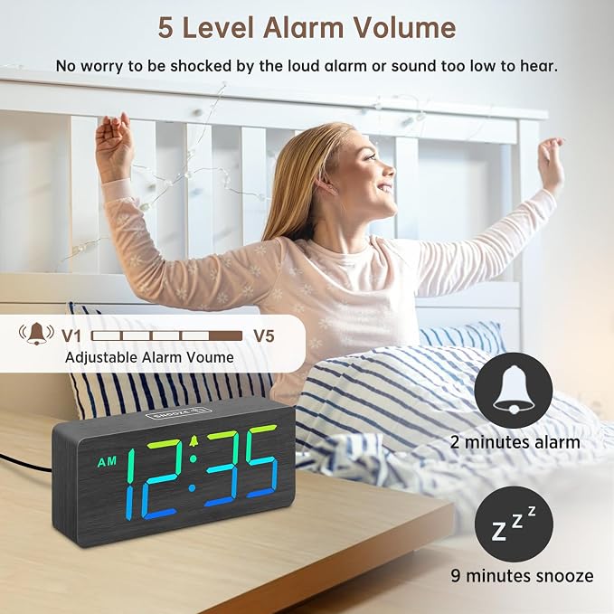 DreamSky Wooden Digital Alarm Clock for Bedroom, Living Room Desk | RGB Loud Alarm Clock for Heavy Sleepers with Volume Control, Large Numbers with Dimmer, Office Wood Decor (Plug in Clock)