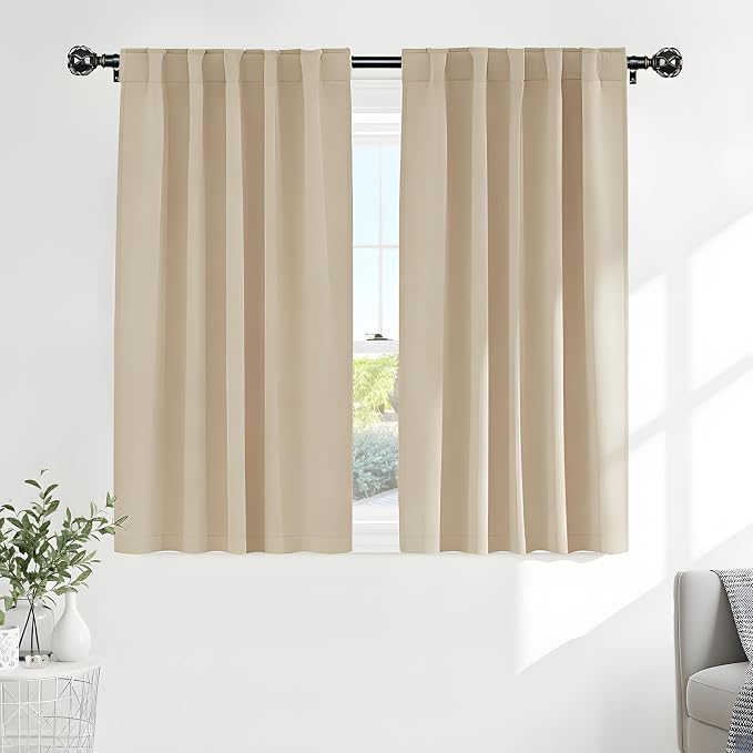 PONY DANCE Window Curtains Drapes - Energy Saving Back Tab/Rod Pocket Room Darkening Thermal Curtain Draperies Heavy-Duty for Kitchen, 52 by 54 inch, Biscotti Beige, Double Panels