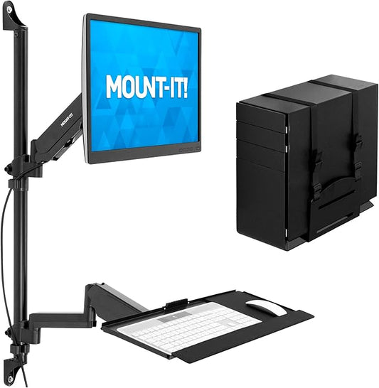 Mount-It! Single Monitor Arm Wall Mount Workstation with Keyboard Tray & CPU Holder, Height Adjustable Gas Spring Full Motion Computer Station, Fits 17–32” VESA 75x75 100x100, Black