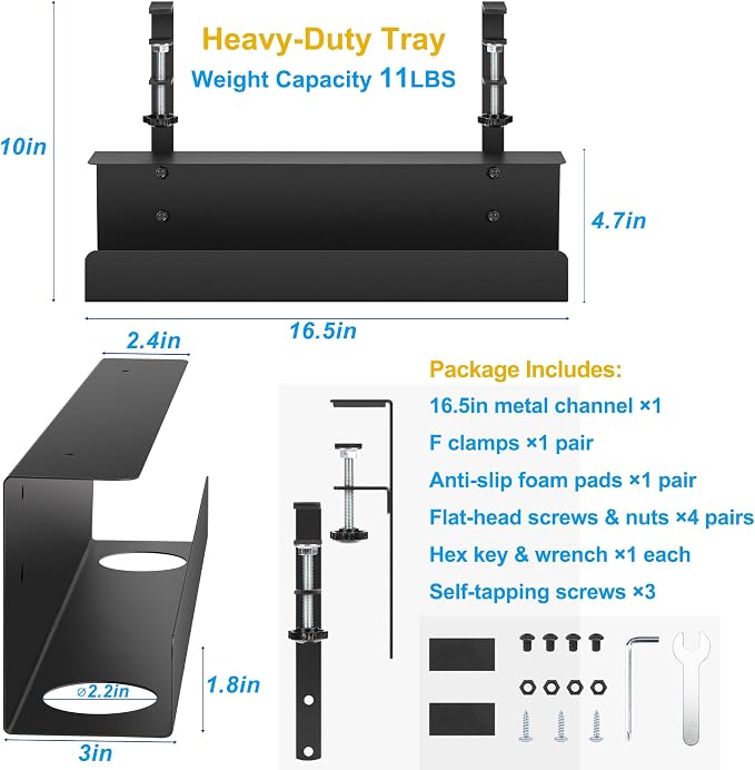 ZhiYo 16.5in Steel Cable Management Under Desk Tray, Large Clamp-On Under Table Cord Hider Tray, No Drill Cable Organizer for Desk, Wire Management Raceway, Black Rack, W3in x H4.7in