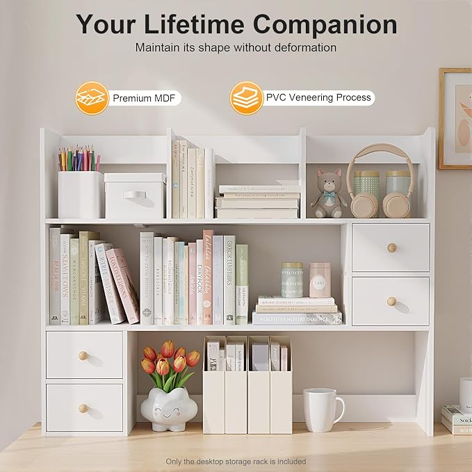 Desk Organizer, Desk Hutch White MDF PVC Veneer Desktop Storage Rack 4 Drawers 39.4×6.7×31.5in Modern Rectangular Office Tabletop Display Shelf
