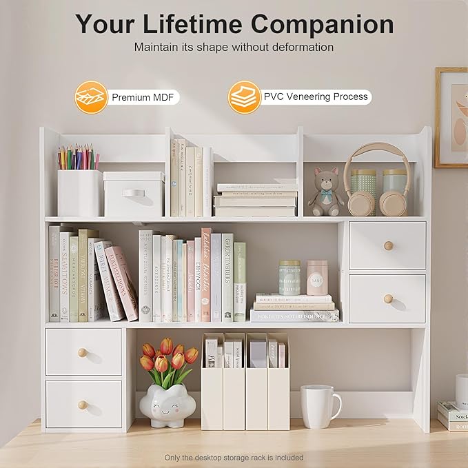 White Desk Hutch, Desktop Bookshelf Multi-Functional Desktop Organizer Wooden Desk Shelves 3 Tire Desk Storage Shelf for Home Office (White)