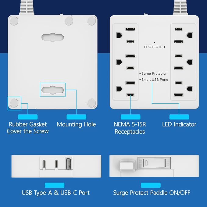 LIDER Outlet Extender with 6 Receptacles, USB-A & 2 USB-C, Angled Ultra-Thin Flat-Plug, 6-Outlet Power Strip, Surge Protector 1500 Joules, 5ft Cord, 1250W, ETL Listed, Matte White, 2-Pack