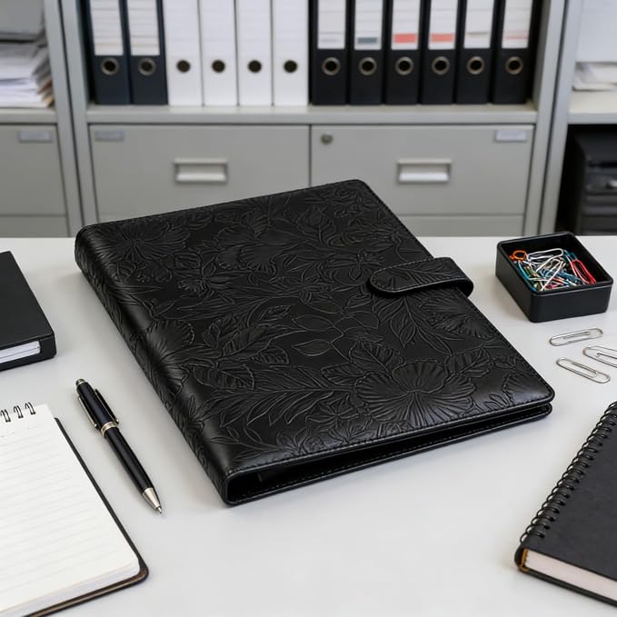 VANRA Padfolio Portfolio Binder Faux Leather Interview Resume Folder with Notepad, Document Organizer Card Holder, Letter-Sized Notepad Portfolio Organizer for Business School Office (Black)