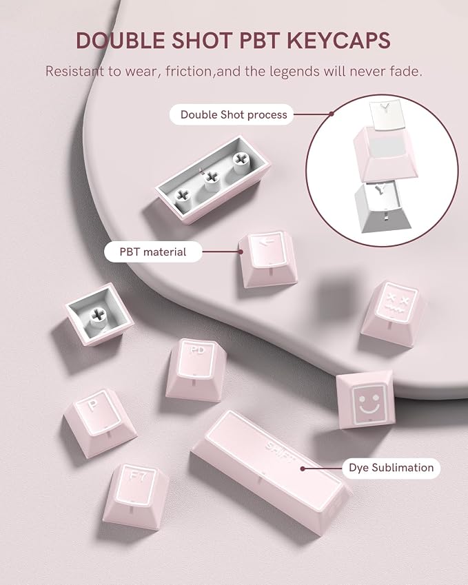 Pink Jade keycap, 142Key Set, Translucent Double Shot 142 Keys Cherry Profile for 60% 65% 75% 87 104 108 Layout Mechanical Keyboards, MX Switch CompatibleKeyboard