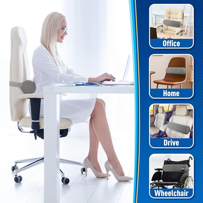 Lumbar Roll Support Pillow for Office Chair, Car, Gaming Chair, Memory Foam Back Cushion with Washable Cover for Relieving Back Pain & Improving Posture, Large,Light Grey
