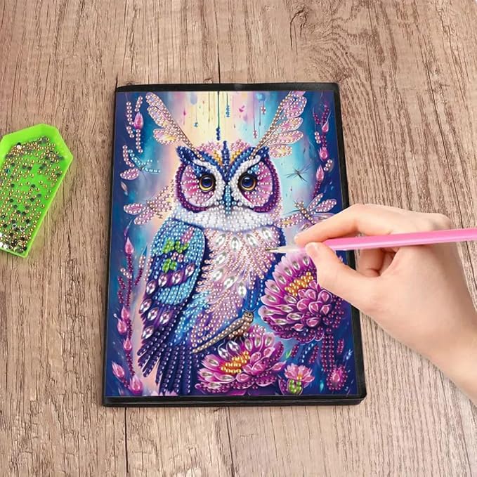 FRANDEK A5 50-Page DIY Owl Diamond Art Painting Notebook with Beautiful Patterns, Special Shaped Diamond Art Craft for Beginners Adults Gift