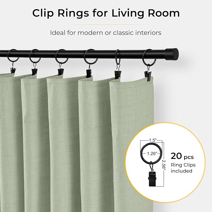 INOVADAY 100% Blackout Curtains for Bedroom, Sage Black Out Curtains 108 Inch Long, Clip Rings Linen Blackout Drapes, Thermal Insulated Room Darkening for Living Room, 2 Panels - W50xL108