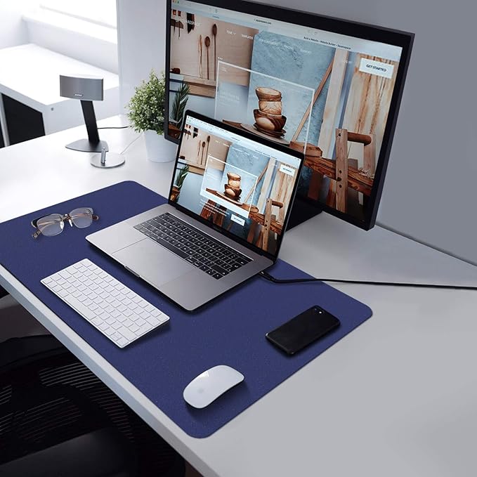 TOWWI PU Leather Desk Pad with Suede Base, Multi-Color Non-Slip Mouse Pad, 24” x 14” Waterproof Desk Writing Mat, Large Desk Blotter Protector (Dark Blue)