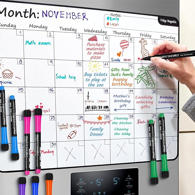 Magnetic Dry Erase Markers Fine: 12 Count 6 Colors Erasable Whiteboard Markers Fine Point with Eraser Cap, Low Odor White Board Dry Erase Pens Fine Tip for Teachers, Home, Office
