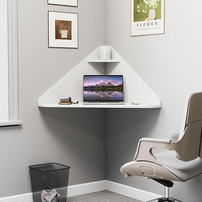 GOFLAME Floating Corner Desk, Wall Mounted Triangular Computer Desk w/Storage Shelf, Space-Saving Design, 90° Wooden Floating Home Office Desk for Writing, Working, Studying (White)