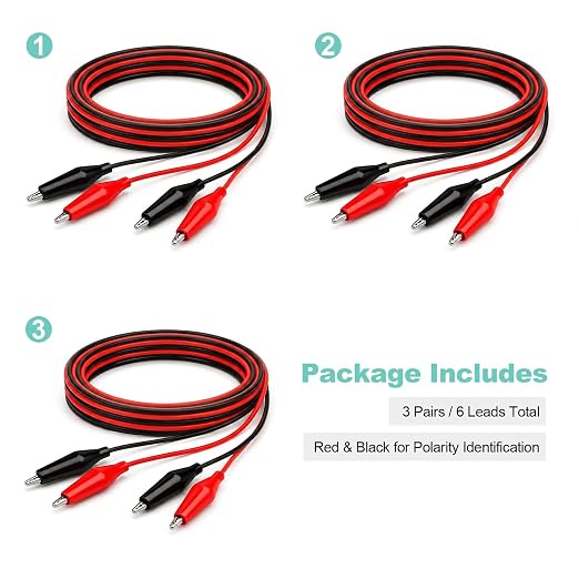 3 Pairs Alligator Clips with Wires | Red Black Bonded Parallel Test Leads, Joined Side-by-Side 100cm/39.4in Copper Cable for Breadboard & DIY Projects