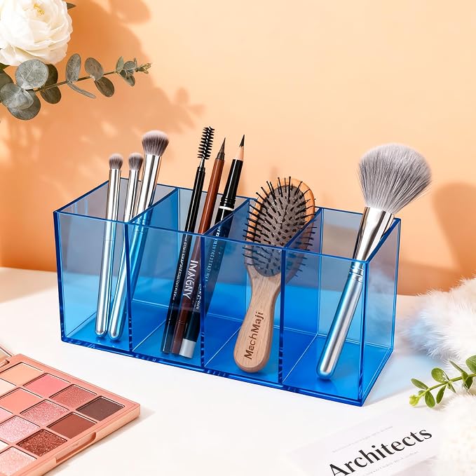 Pen Holder for Desk Neon Acrylic Pencil Holder Cup Makeup Brush Storage Organizer for Vanity, Blue