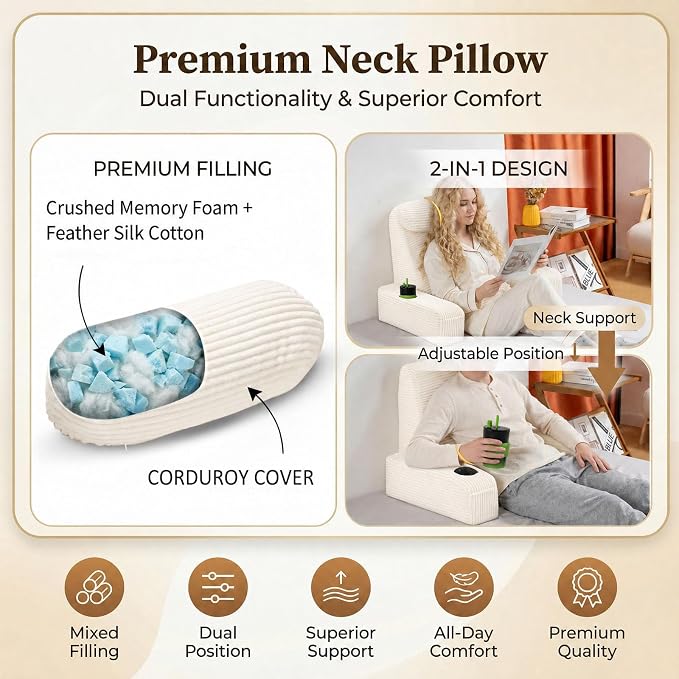 Reading Pillow for Adults, Back Pillow for Bed Sitting Up, Backrest Pillow for Sitting in Bed, Detachable Arms with Built-in Cup & Phone Caddy (Beige-Corduroy, 19 INCH)