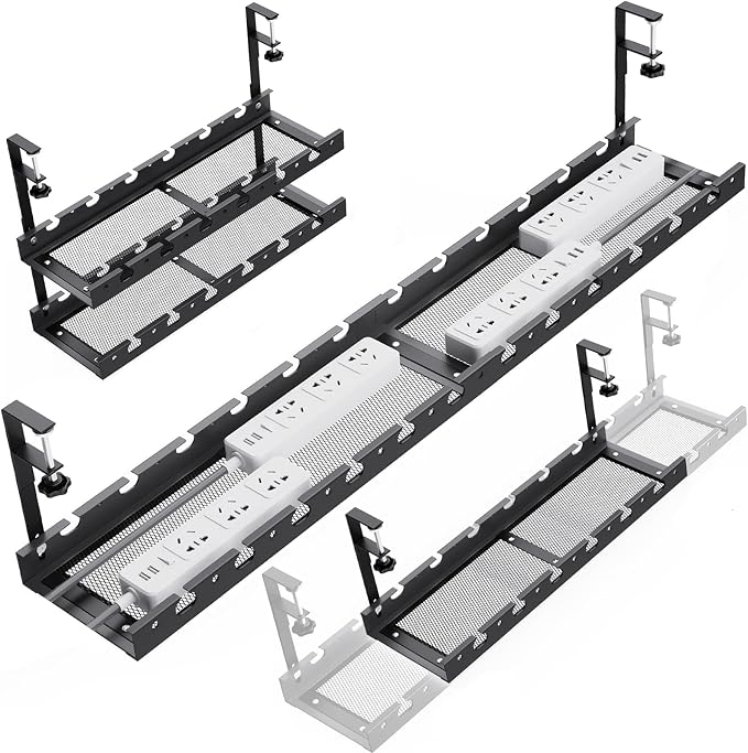 31Inch Extendable Under Desk Cable Management Tray Multi-Model Metal Cable Management Tray Under Desk Cord Management with Clamp Power Strip Cord Holder for Wire Cable Management