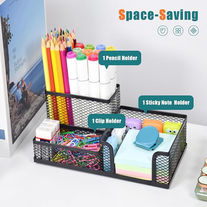 SAYEEC Mesh Desk Organizer, Black Pen Holder for Desk, 3 Compartments Wire Desktop Organizer, Multi-Functional Metal Pencil Cup Caddy Holder Office Supply Storage Organizers for School Home Workspace