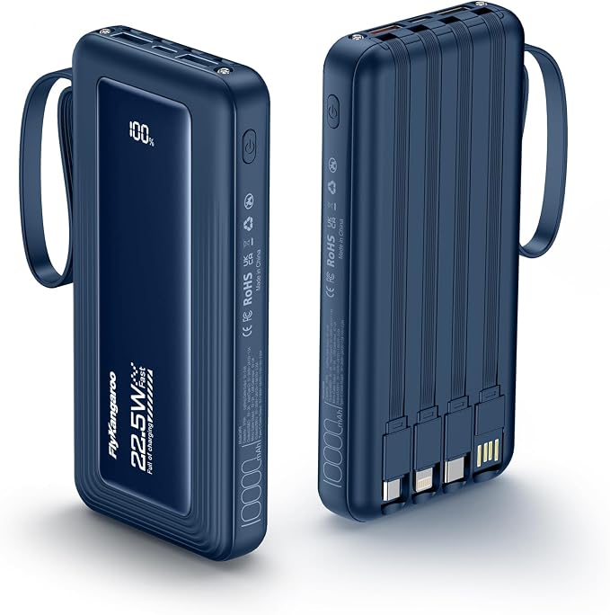 Portable Charger with Built in Cables, Slim 10000mAh Fast Charging 22.5W Power Bank USB C LED Display Battery Pack 6 Outputs & 2 Inputs for iPhone Samsung Pixel LG Moto iPad