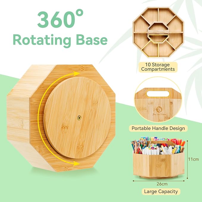 Ohuhu 360° Rotating Marker Organizer Holds 162 Honolulu & B Oahu Markers | 360-Degree Rotating Bamboo Desktop Storage Markers Pens Pencil Holder with 10 Compartments for Home Classroom Office Decor