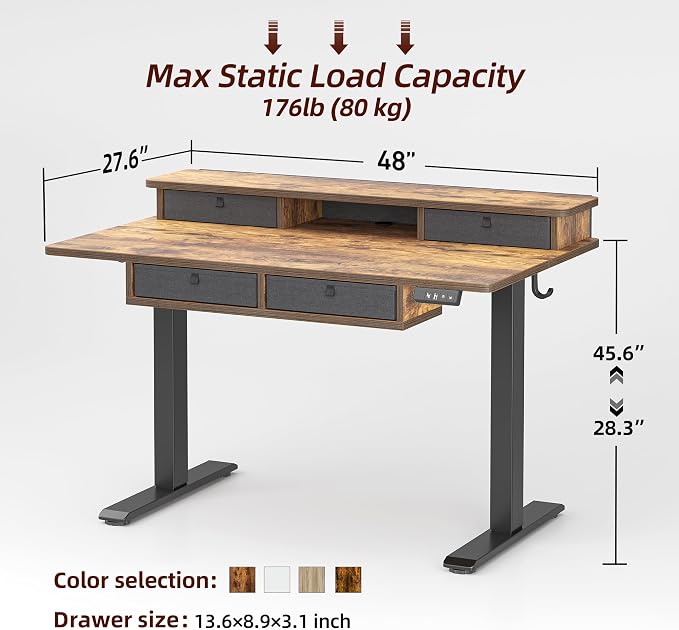 TIQLAB 48 * 28 Inch Standing Desk with Four Drawers, Electric Sit Stand Table, Stand Up Desk Adjustable Height with Storage Shelf, Splice Board, Rustic Brown