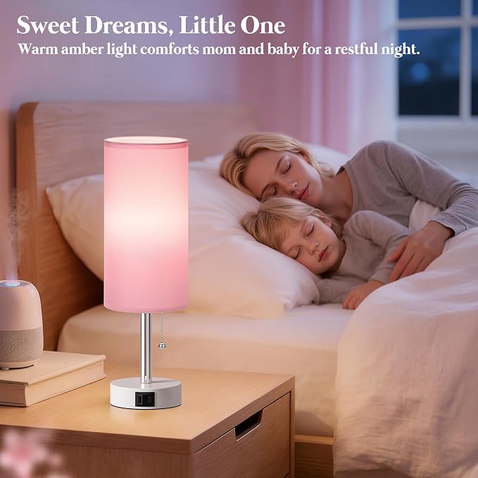 Dicoool Pink Bedside Table Lamp for Bedroom, Small Nightstand Lamp for Girls Kids, 3 Color Temperatures & USB Charging Port, Cute Desk Lamp for Teens Room Decor, Dorm Room Essentials