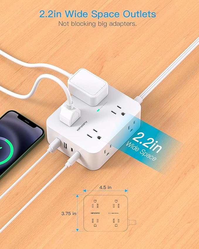 Extension Cord 10 Ft, Ultra Thin Flat Plug Power Strip Surge Protector with 8 Outlets 4 USB Ports (2 USB C), HANYCONY Outlet Extender Desk Charging Station for Home Office Dorm Room Essentials