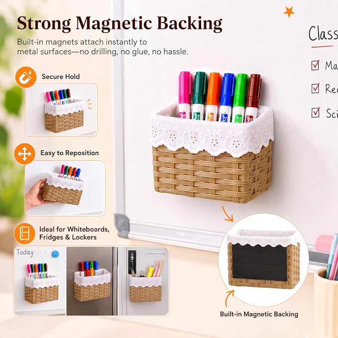 Colarr 3 Pcs Magnetic Rattan Pencil Holder Classroom Magnetic Desk Organizer, Woven Wicker Storage Containers Pen Holder for Refrigerator Whiteboard Home Office School Organizer Supply